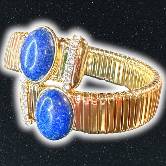 Princess Diana / Meghan Markle Inspired Blue Gemstone & CZ Goldtone Bracelet - Picture 3 of 16